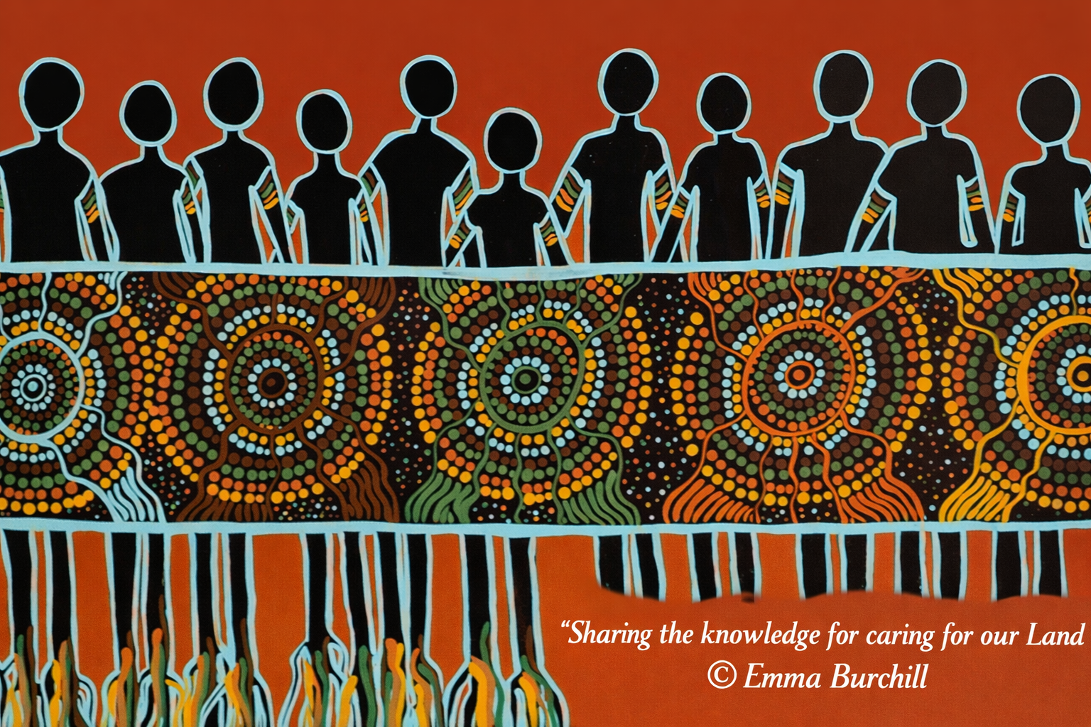 United Aboriginal-style artwork with silhouetted figures above connected colourful motifs.